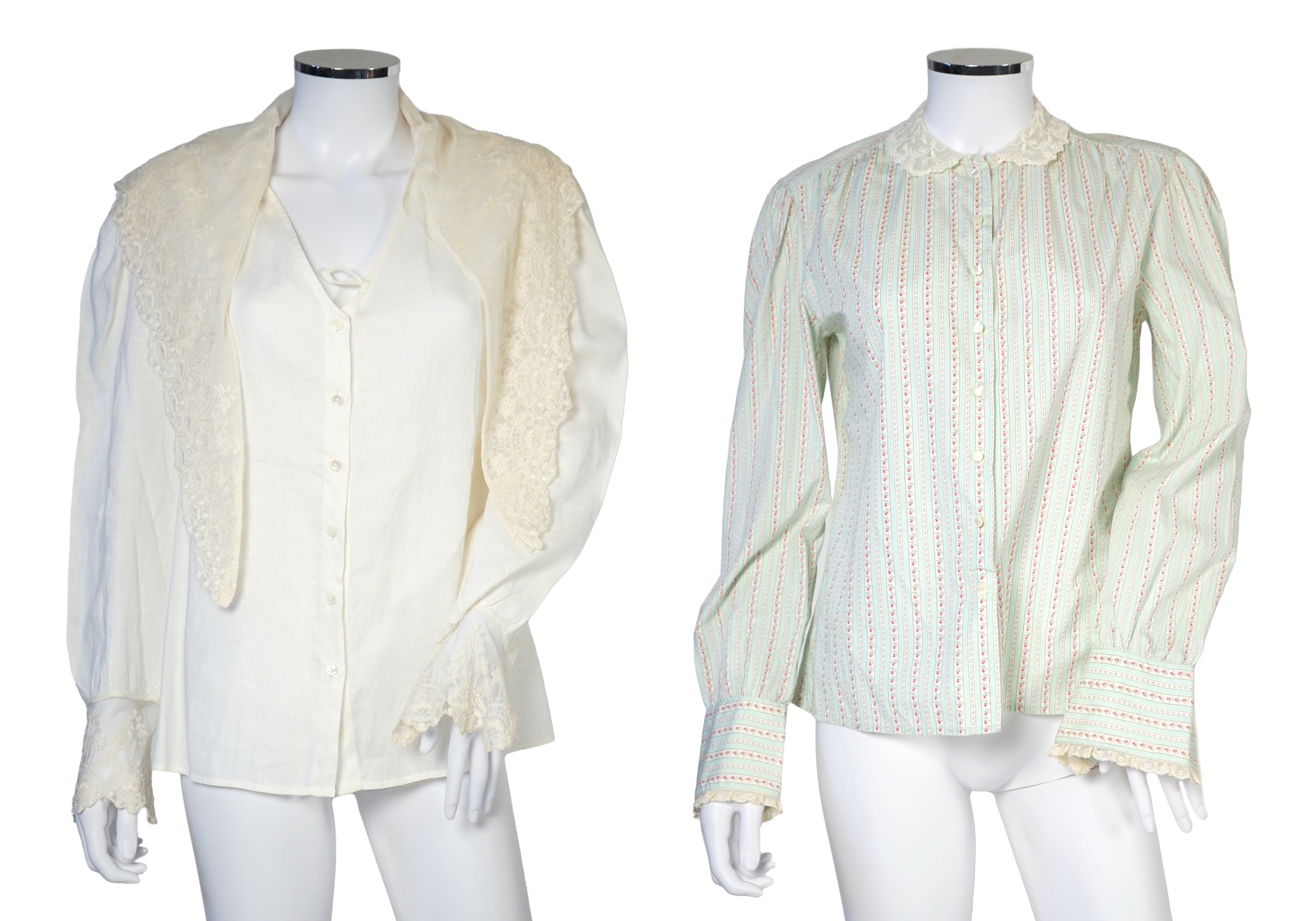 Two Ralph Lauren cotton blouses with lace detail, cream size 10, floral stripe size 8